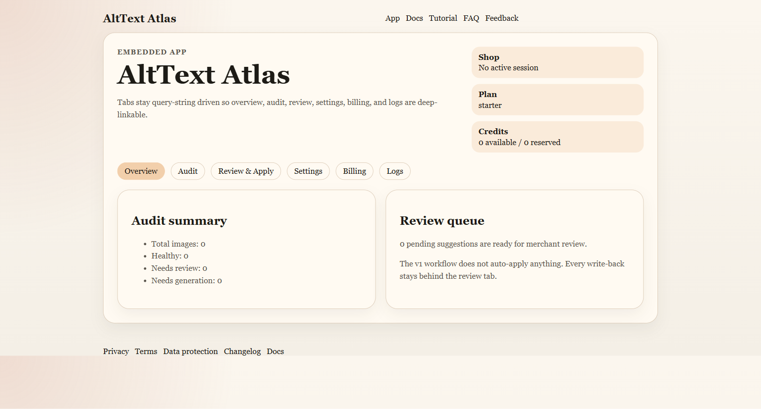 AltText Atlas overview tab in Shopify Admin